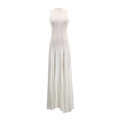 Women's Lace Dress Geometric Chevron Maxi A-Line Mock-Neck Sleeveless
