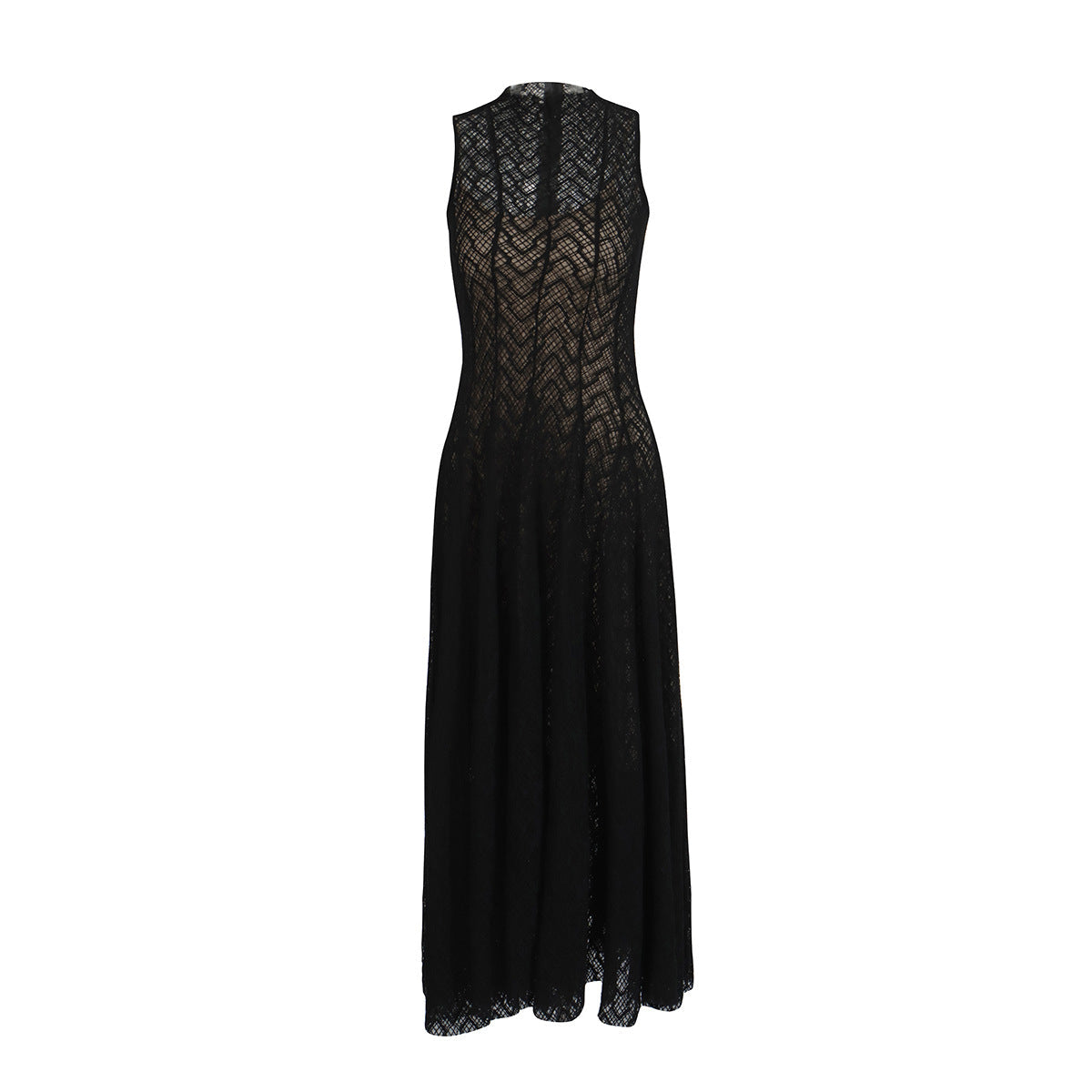 Women's Lace Dress Geometric Chevron Maxi A-Line Mock-Neck Sleeveless