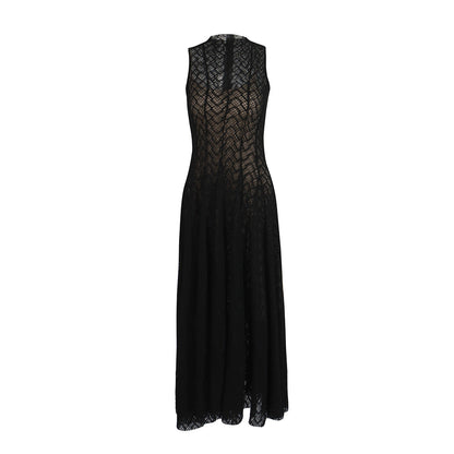 Women's Lace Dress Geometric Chevron Maxi A-Line Mock-Neck Sleeveless
