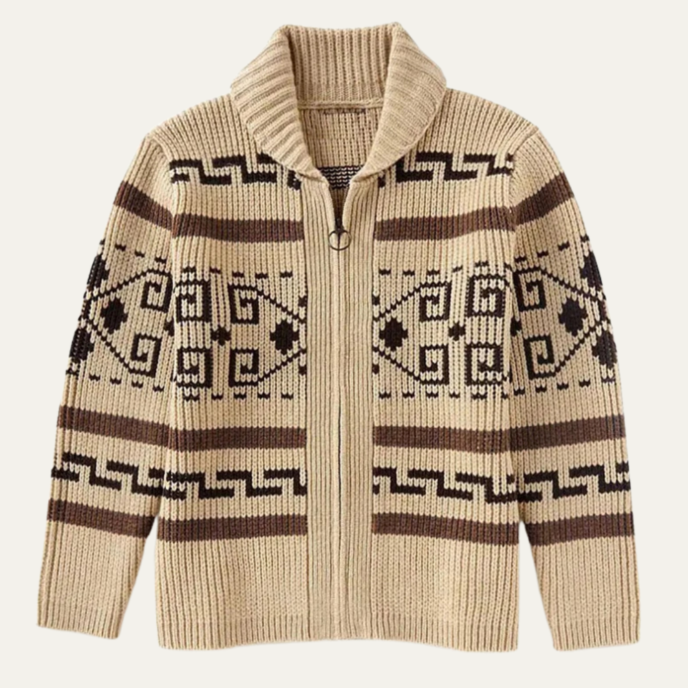 Men's Beige Patterned Zip-Up Shawl-Collar Cardigan Khaki