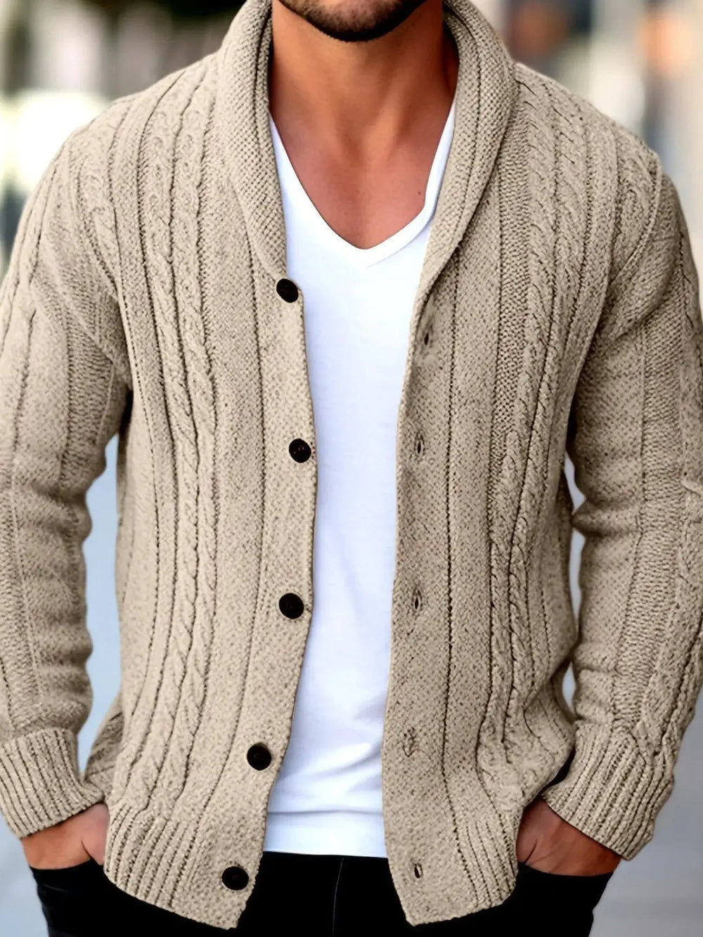 Men's Cable-Knit Shawl-Collar Button-Front Cardigan Apricot