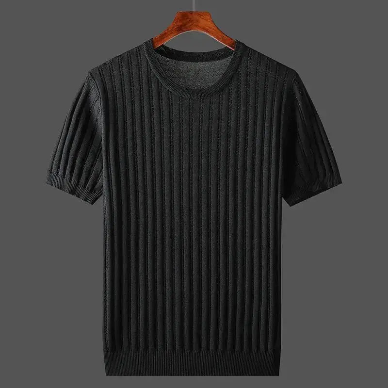 Men's Ribbed Crewneck Short-Sleeve Knit Sweater Hip-Length Black