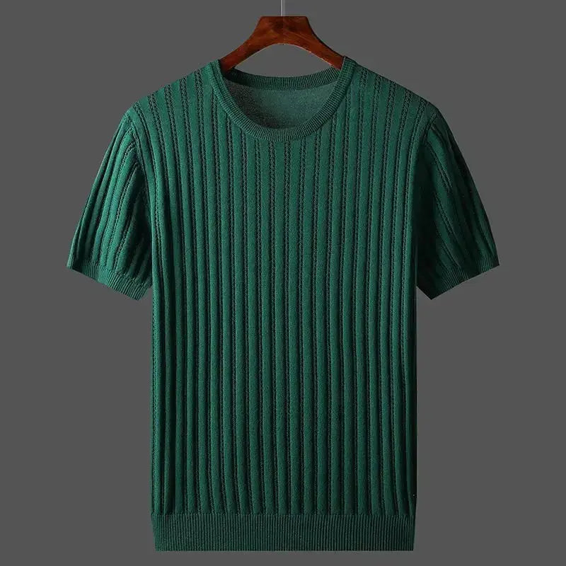 Men's Ribbed Crewneck Short-Sleeve Knit Sweater Hip-Length Dark Green