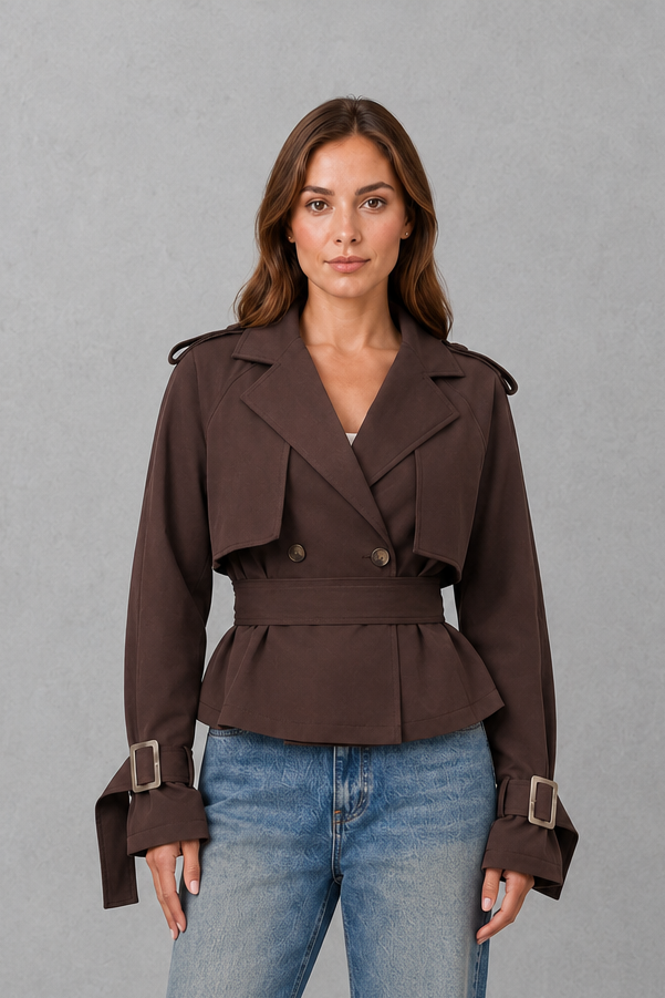 Women's Short Double-Breasted Trench Jacket in Coffee Brown