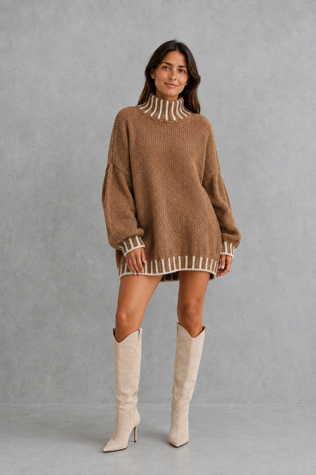 Women's Crew Neck Knit Sweater in Khaki