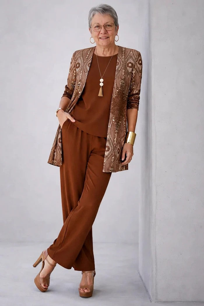 Women's Botanical Print Three-Piece Open-Front Mid-Length Set Rust Brown