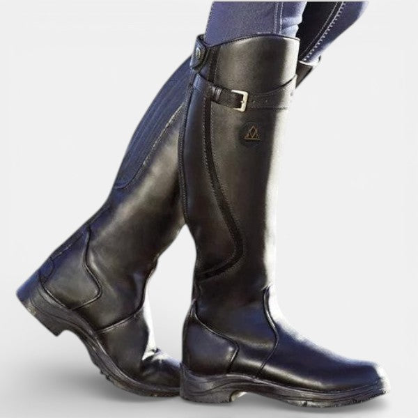 Women's Brown Leather Knee-High Buckle Boots Black