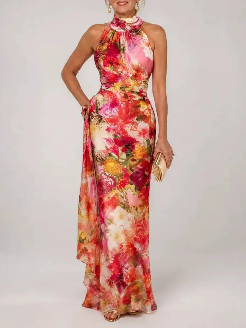 Women's Floral Print Halter Maxi Dress Sleeveless High-Neck Floor-Length 1