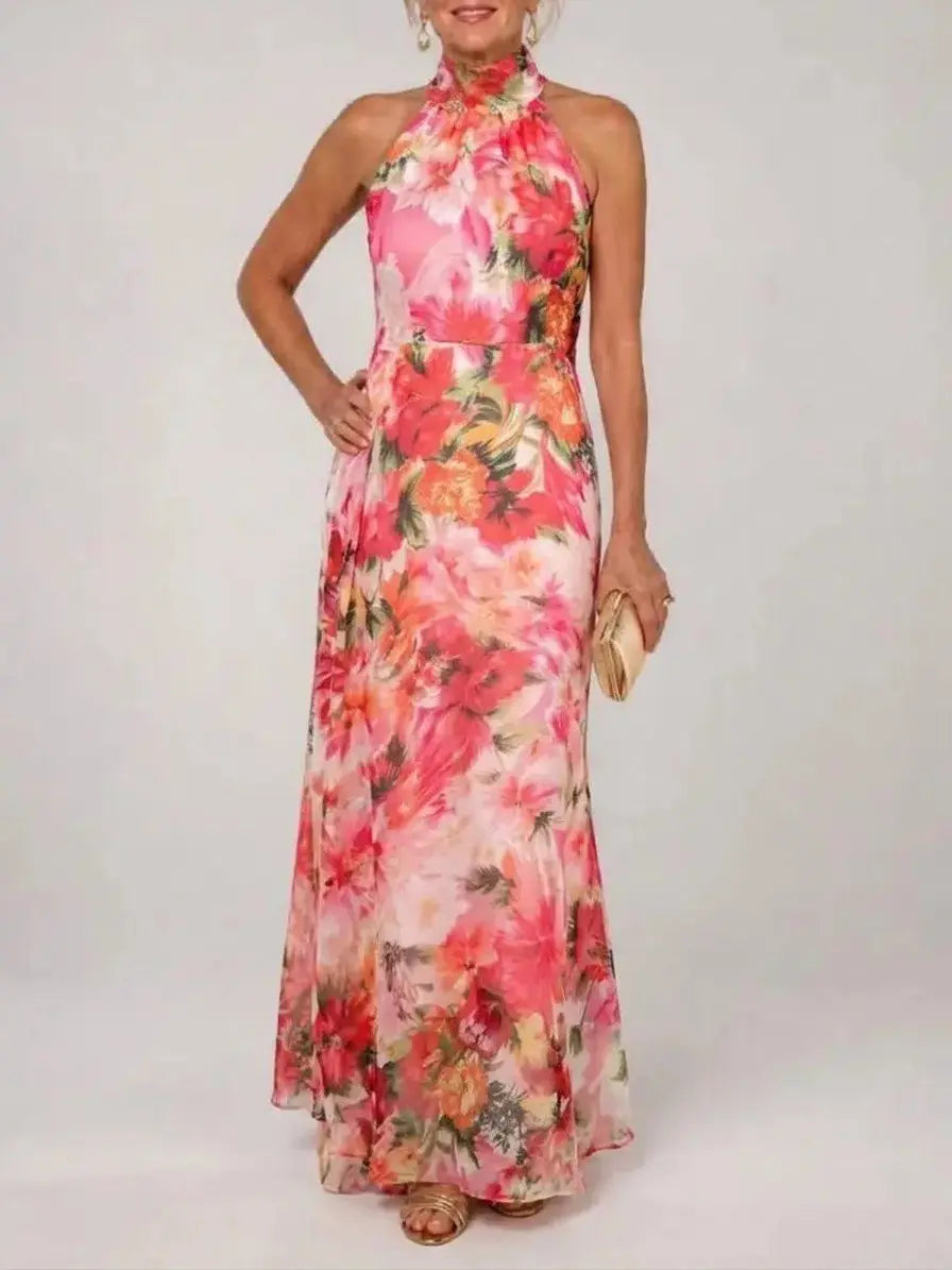 Women's Floral Print Halter Maxi Dress Sleeveless High-Neck Floor-Length Floral