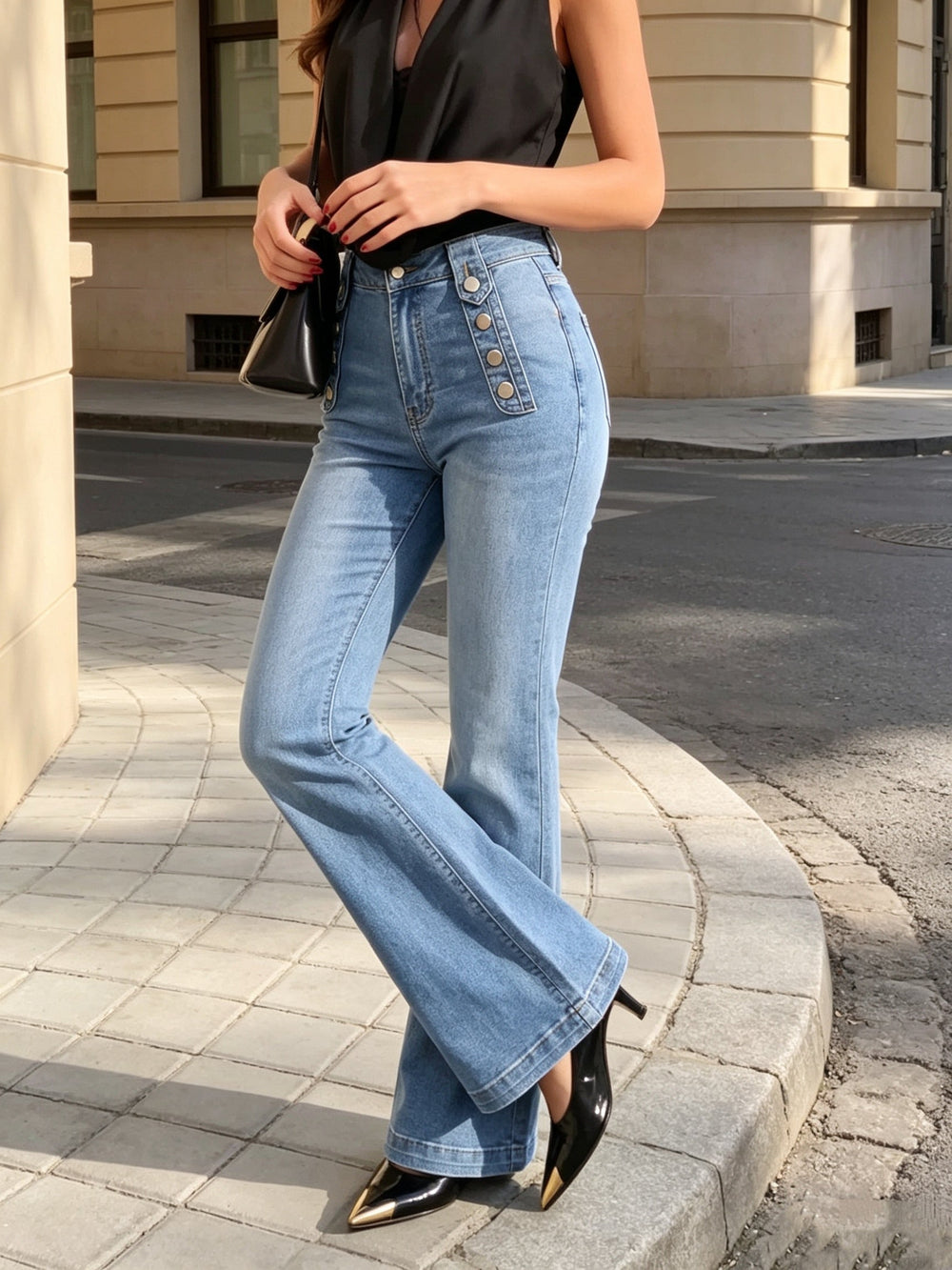 Women's High-Waist Button-Front Flare-Leg Full-Length Pants 1
