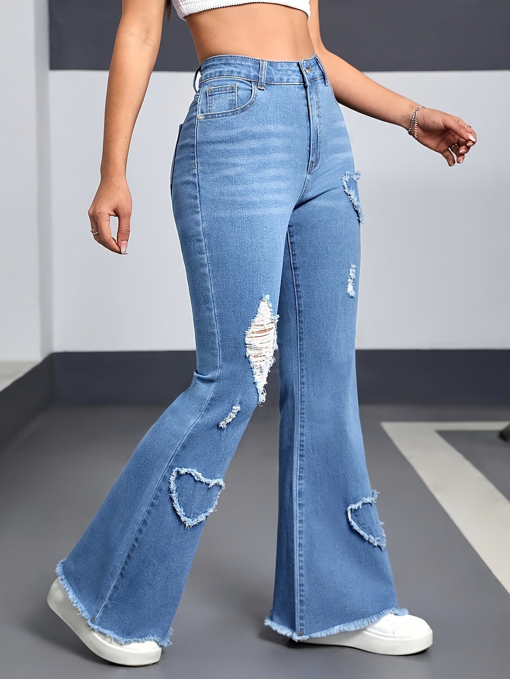 Women's High-Waist Distressed Heart-Patch Flare Jeans Full-Length 1