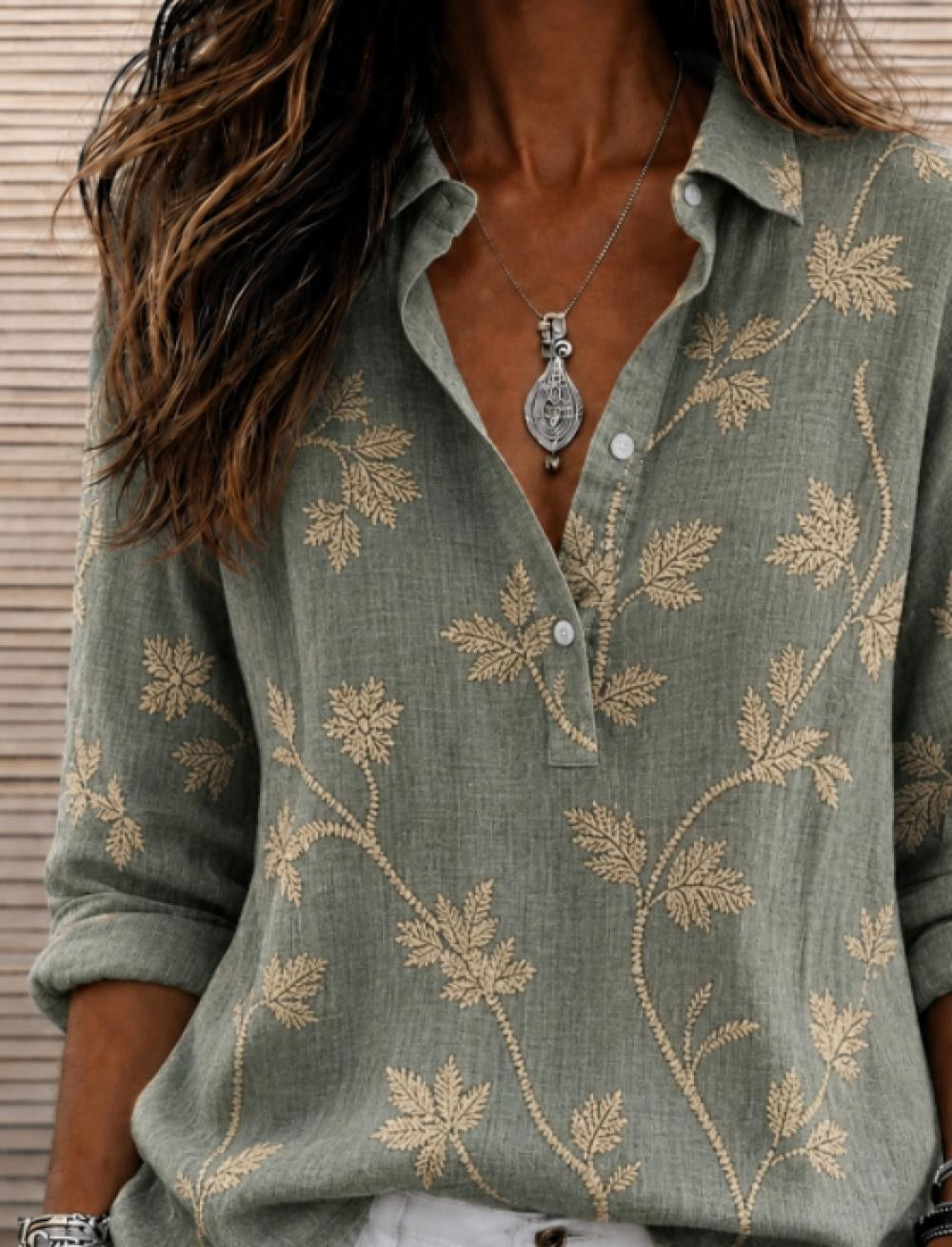Women's Leaf-Print Long-Sleeve Button-Front Shirt 1