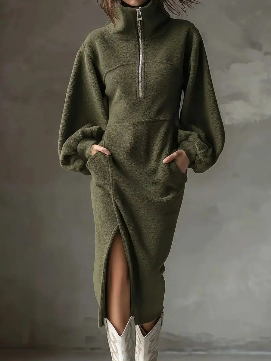 Women's Olive Fleece Zip-Up Midi Dress Lantern-Sleeve Side-Split Army Green