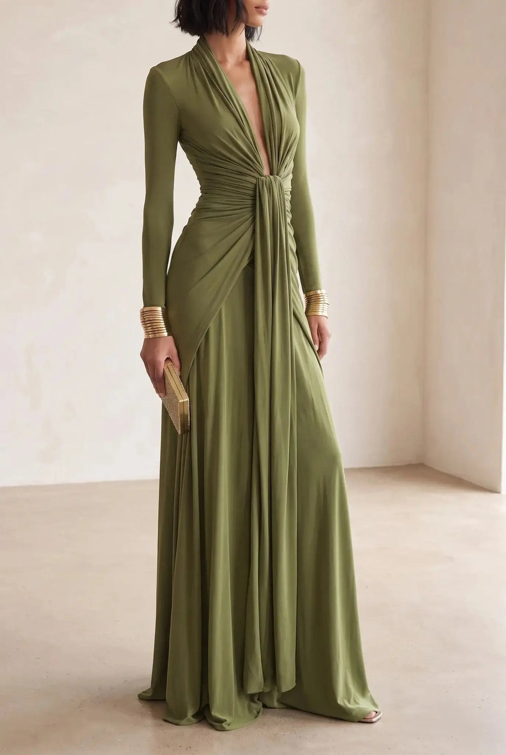Women's Olive V-Neck Long-Sleeve Maxi Dress Draped Front 1