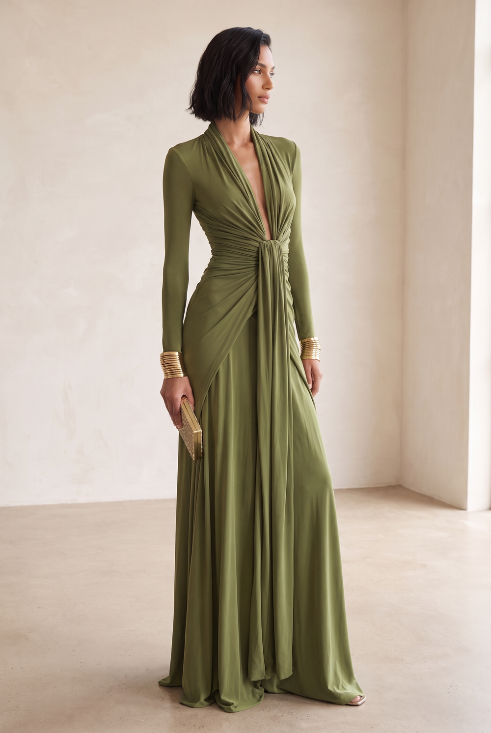 Women's Olive V-Neck Long-Sleeve Maxi Dress Draped Front 1