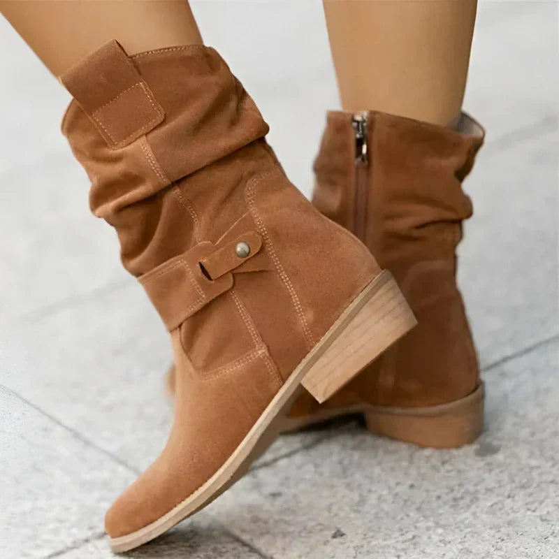 Women's Suede Slouchy Ankle Boots With Side Zip And Block Heel Brown