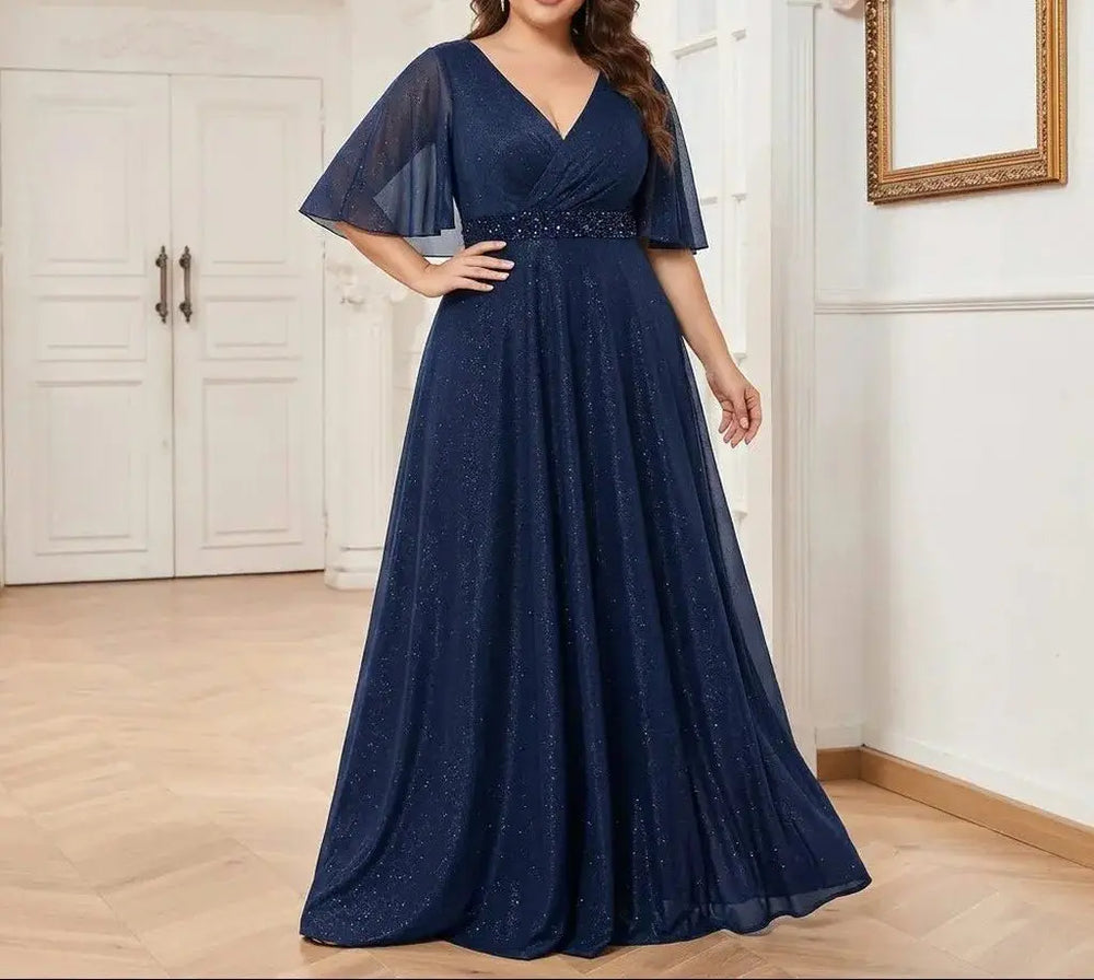 Women's V-Neck Glitter Maxi Dress Short-Sleeve Beaded Waist Blue