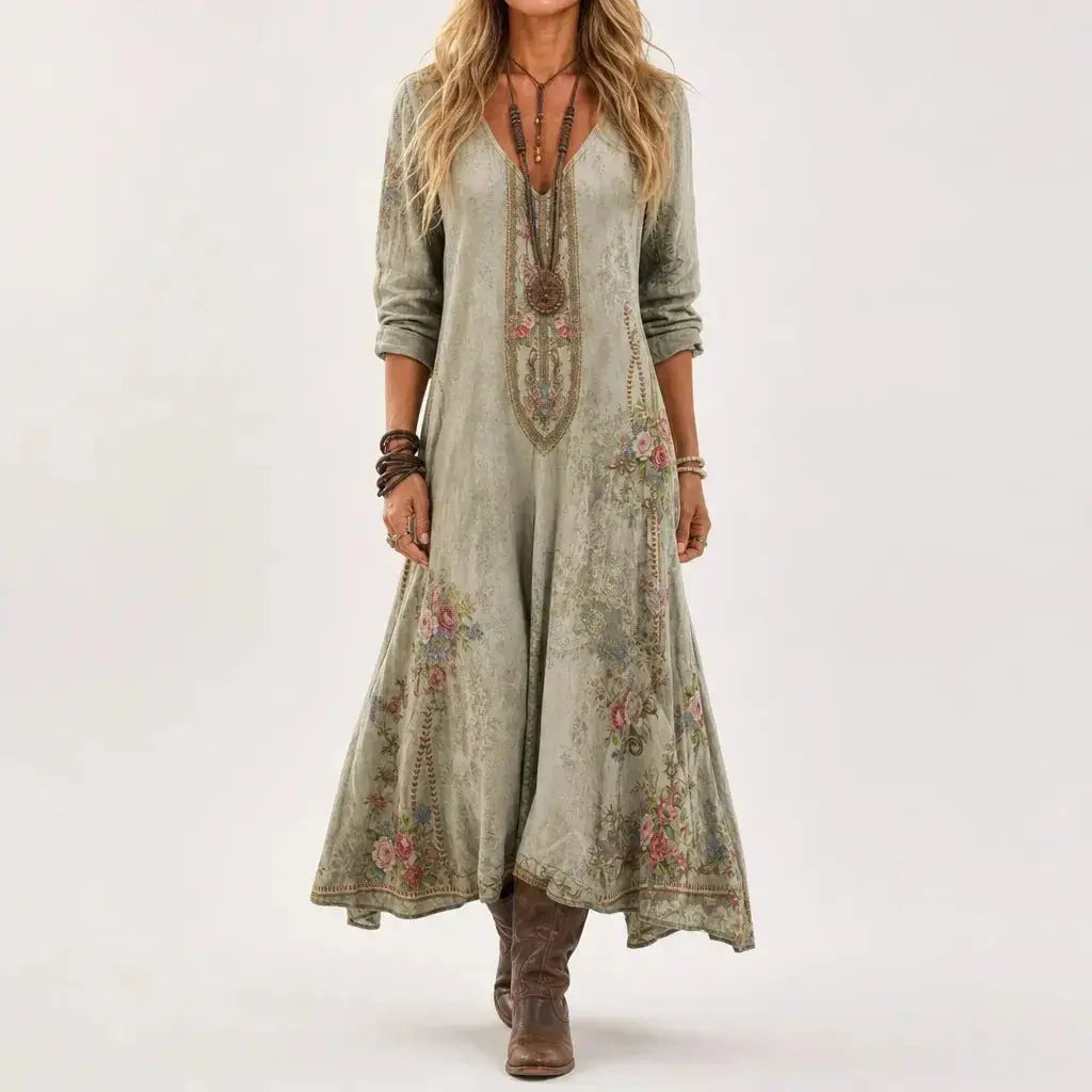 Women's V-Neck Long-Sleeve Floral Print Maxi Dress
