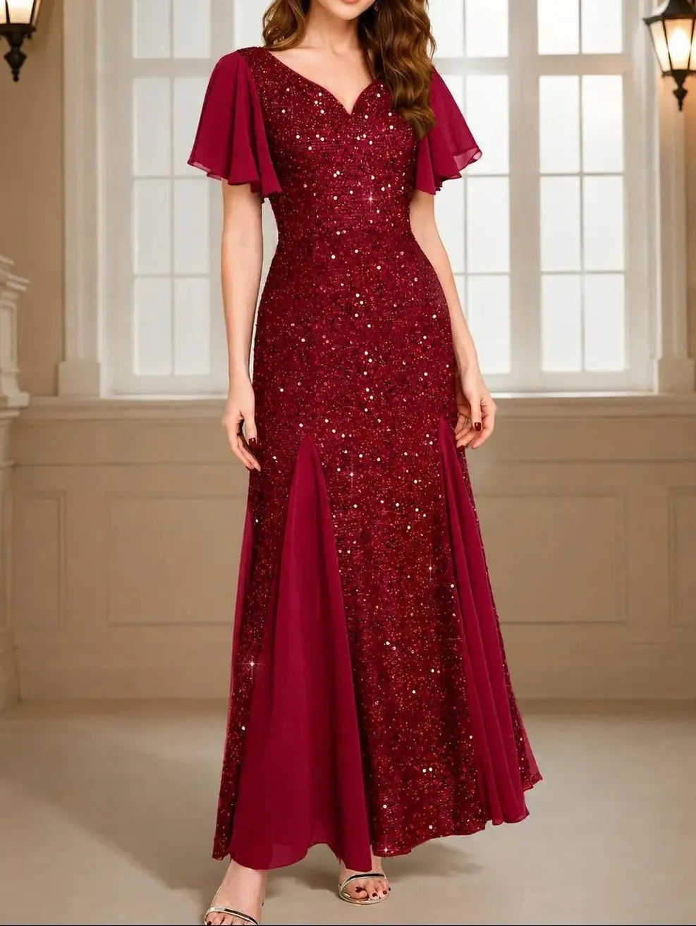 Women's V-Neck Sequin Flutter-Sleeve Maxi Dress Red