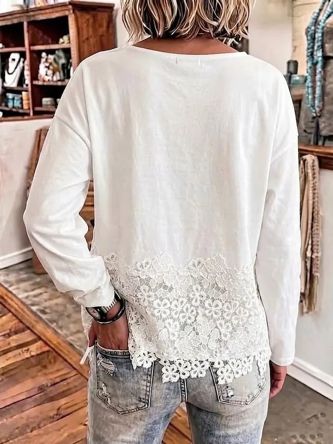Women's White Long-Sleeve Crew-Neck Top With Lace Hem