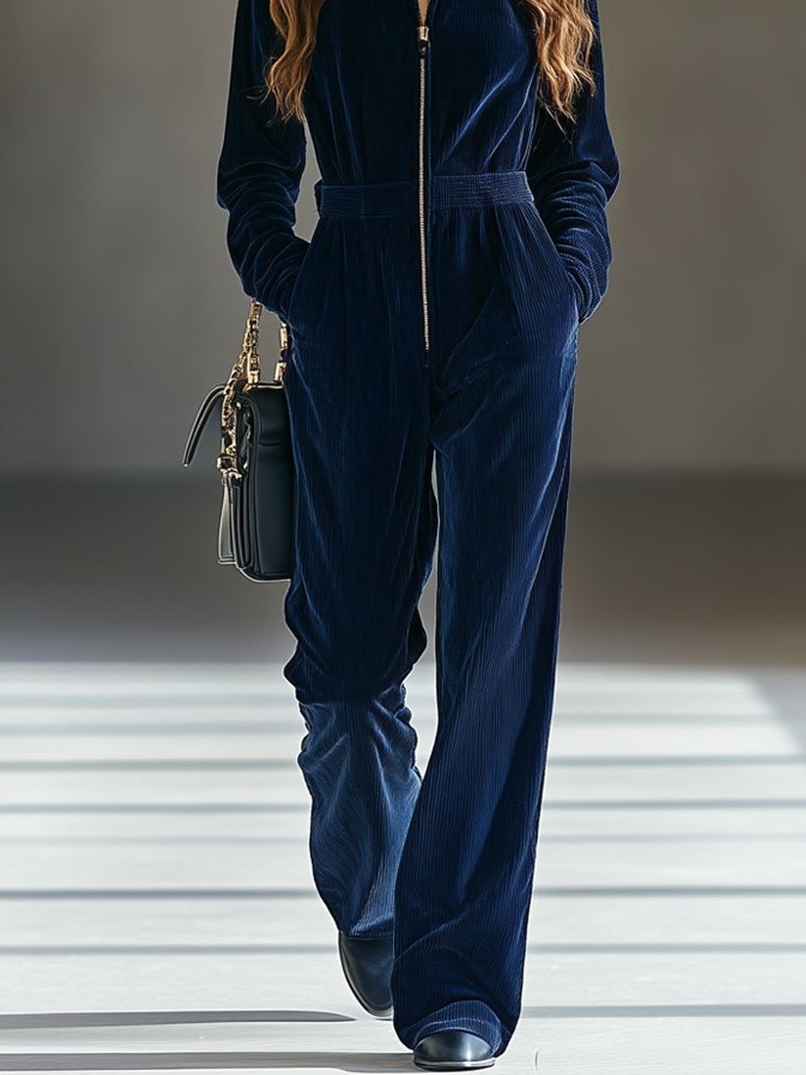 Women's Zip-Up Corduroy Wide-Leg Full-Length Jumpsuit 1
