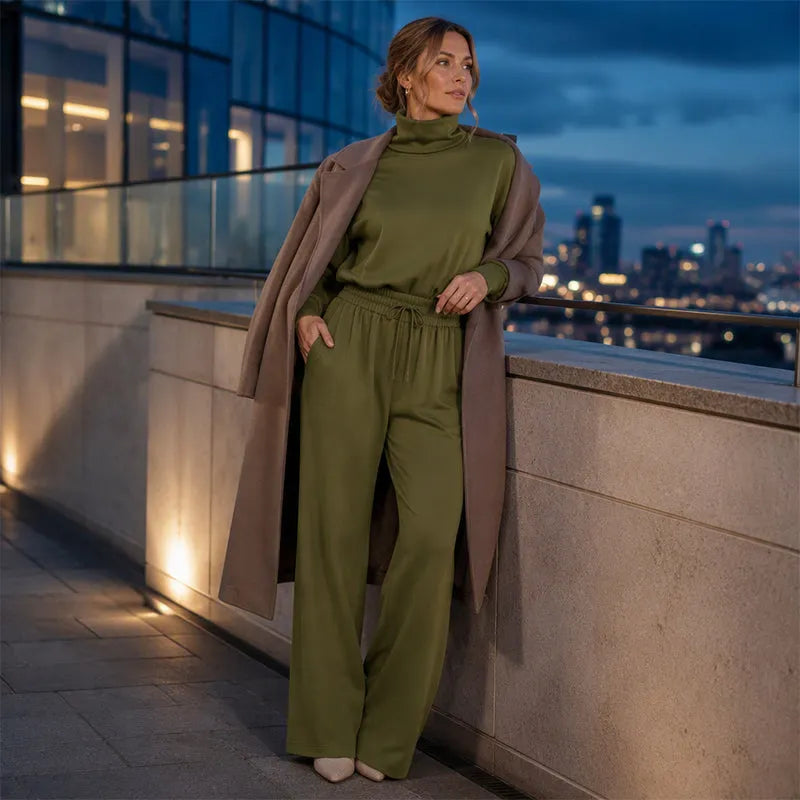 Women's Turtleneck Knit Top and Wide-Leg Pants Set