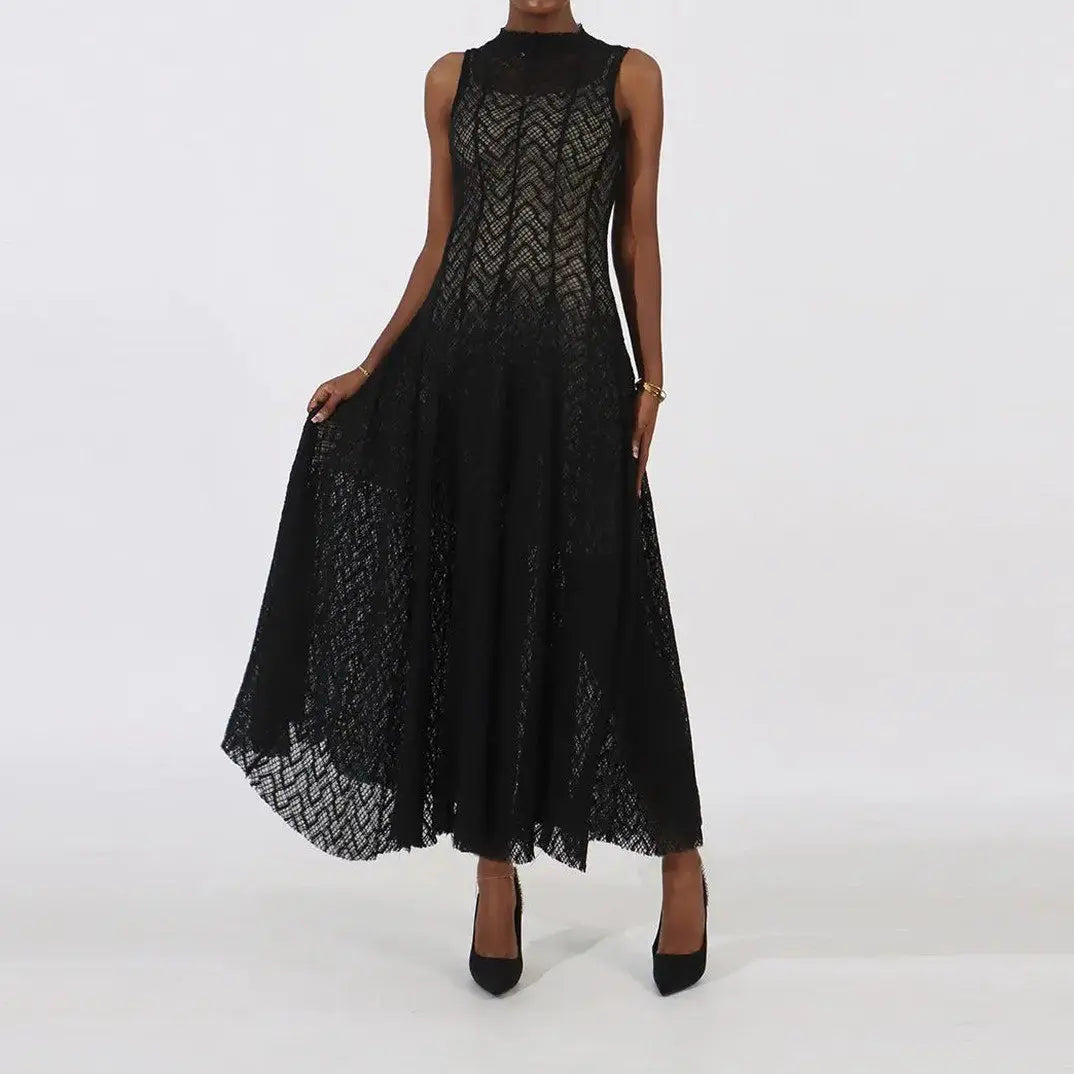 Women's Lace Dress Geometric Chevron Maxi A-Line Mock-Neck Sleeveless Oxford and Hill