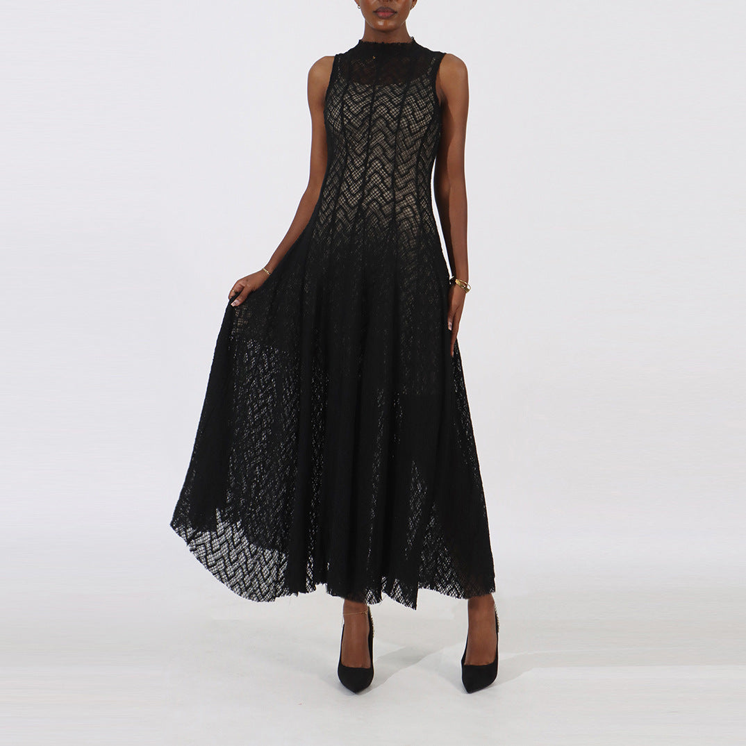Women's Lace Dress Geometric Chevron Maxi A-Line Mock-Neck Sleeveless