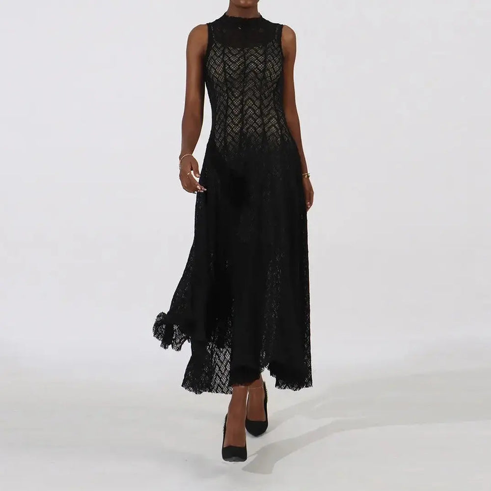 Women's Lace Dress Geometric Chevron Maxi A-Line Mock-Neck Sleeveless Oxford and Hill