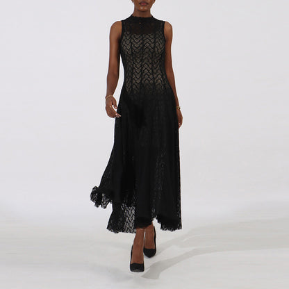 Women's Lace Dress Geometric Chevron Maxi A-Line Mock-Neck Sleeveless