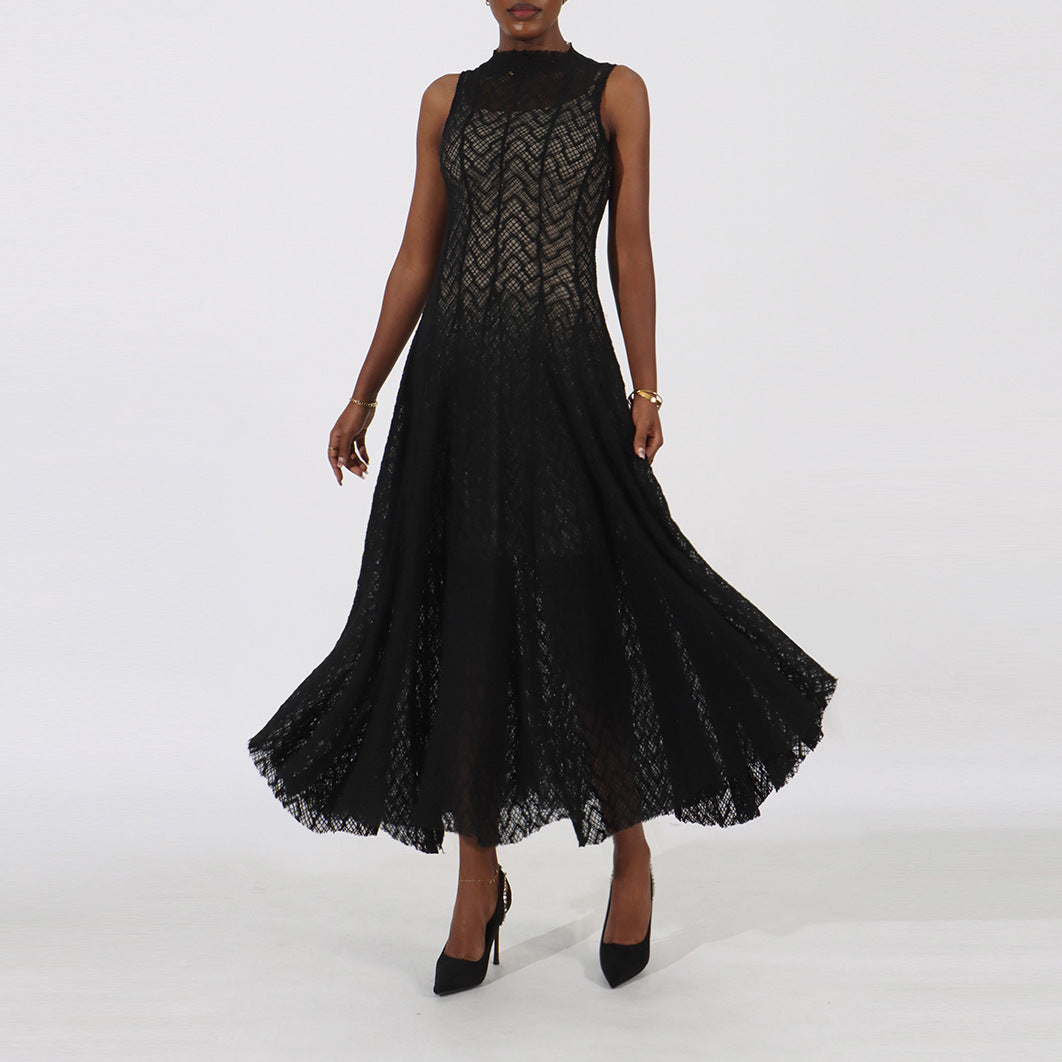 Women's Lace Dress Geometric Chevron Maxi A-Line Mock-Neck Sleeveless