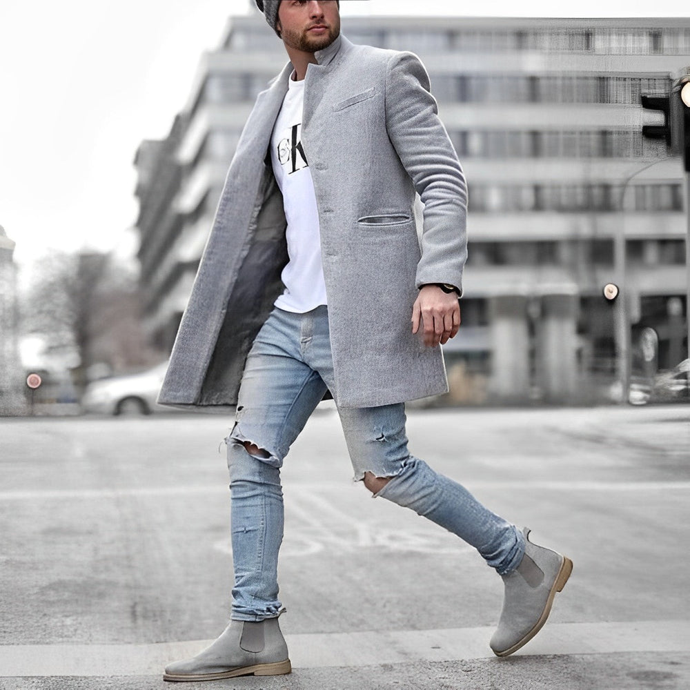 Men's Slim-Fit Stand-Collar Topcoat in Gray