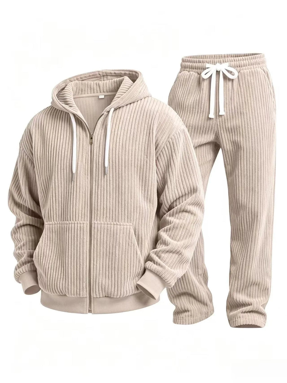 Men's Corduroy-Look Hoodie Tracksuit Set in Beige