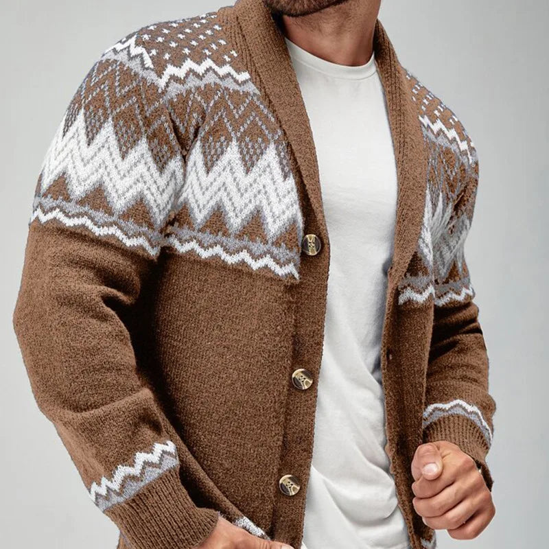 Men's Jacquard Shawl-Collar Cardigan in Brown