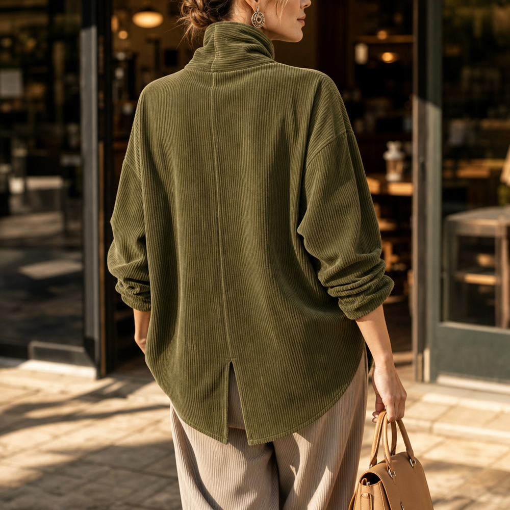 Women's Corduroy-Look Funnel-Collar Button Top