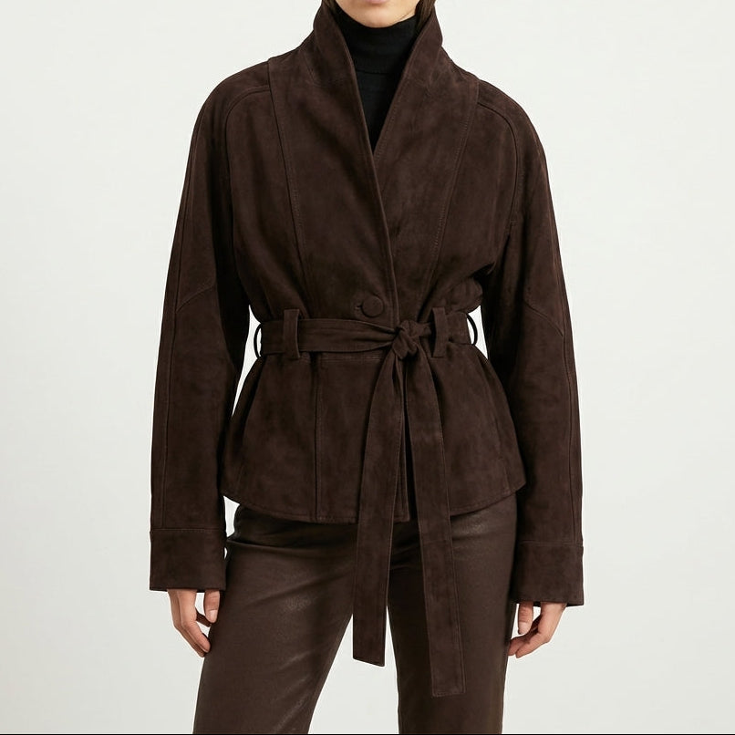 Belted Chocolate Suede Wrap Jacket