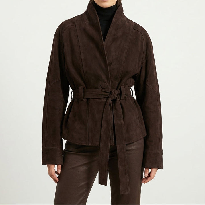 Belted Chocolate Suede Wrap Jacket