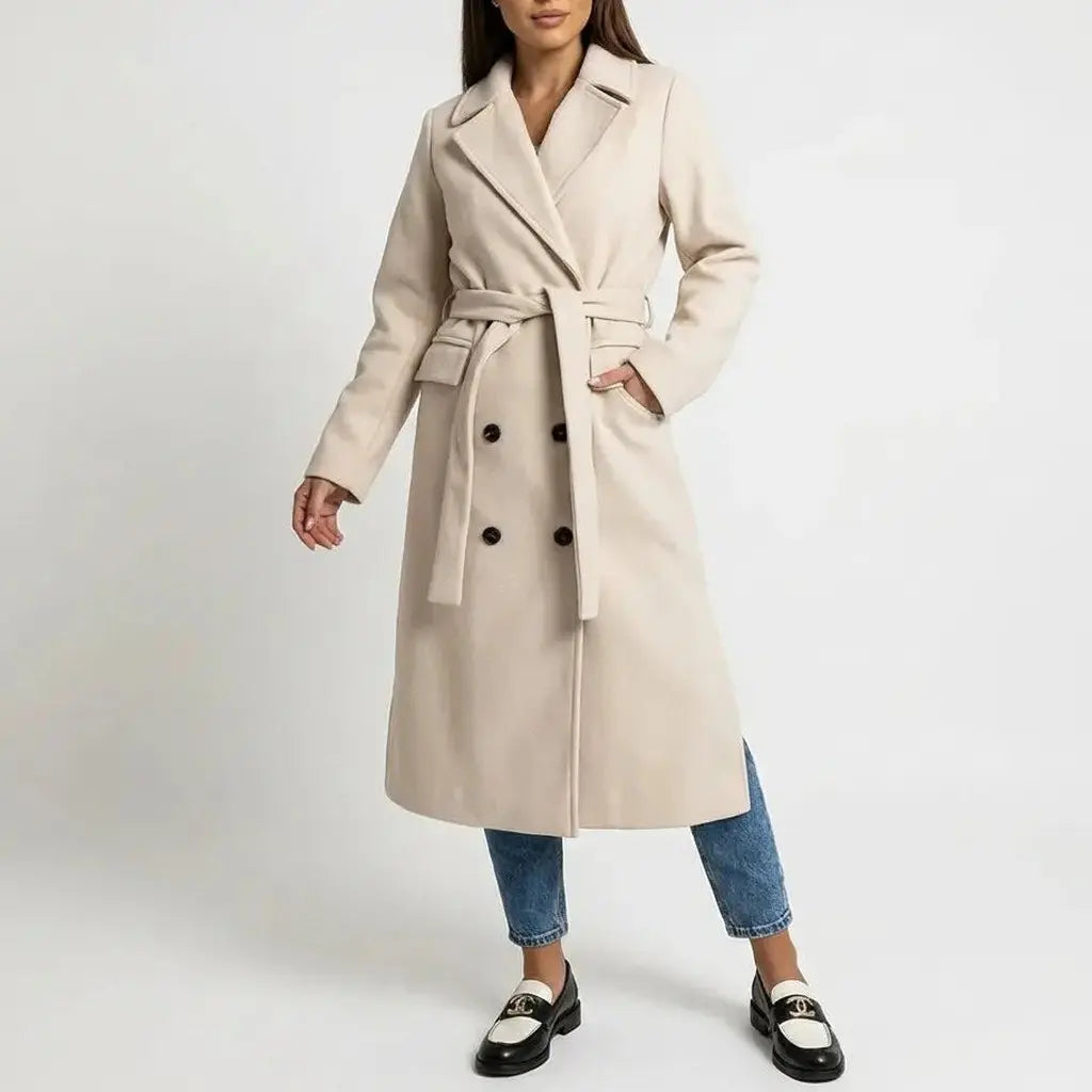 Women's Double-Breasted Belted Wool-Blend Overcoat Longline Oxford and Hill