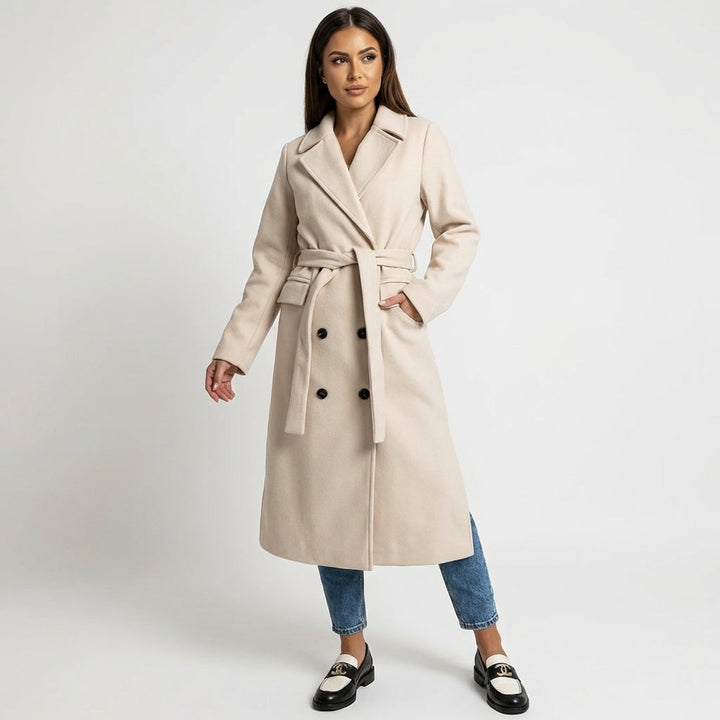 Double-Breasted Belted Wool Blend Overcoat