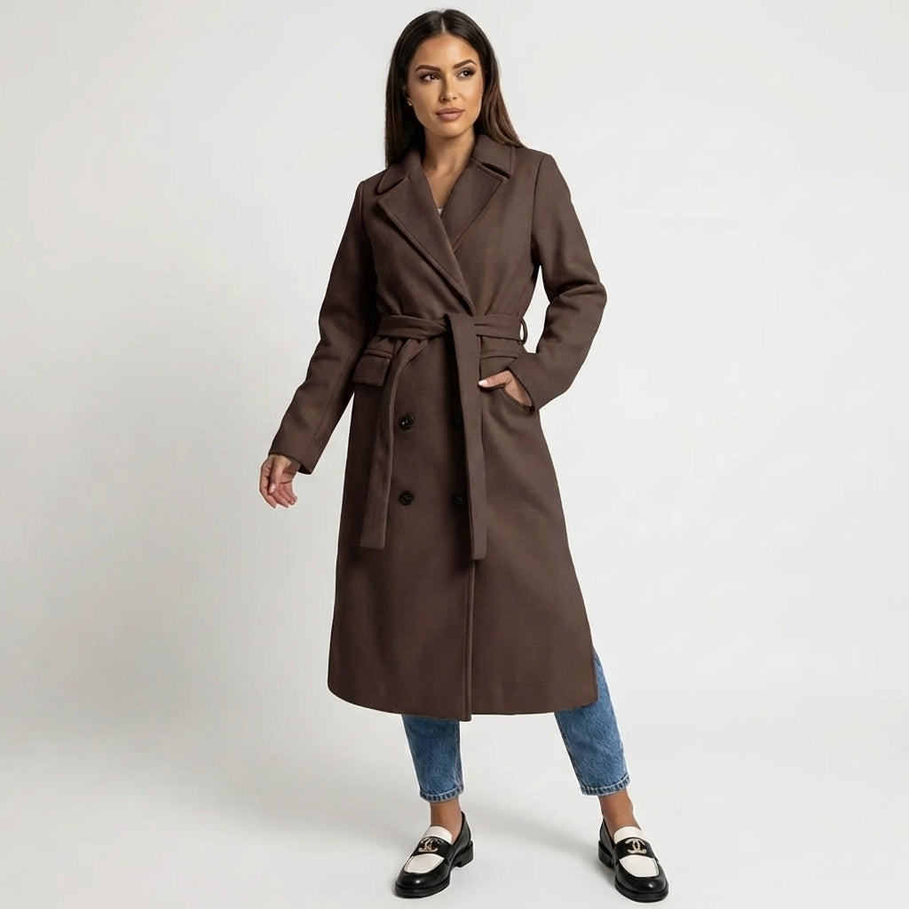 Double-Breasted Belted Wool Blend Overcoat