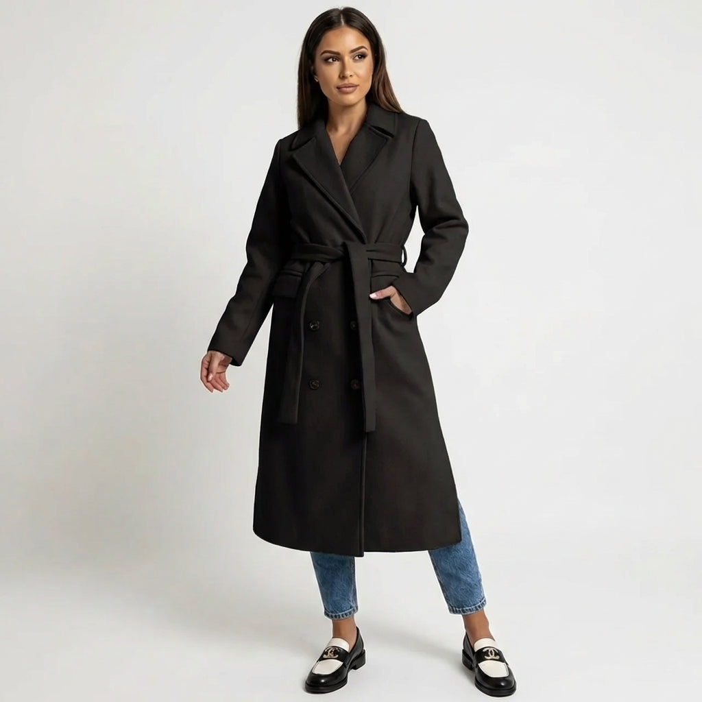 Double-Breasted Belted Wool Blend Overcoat