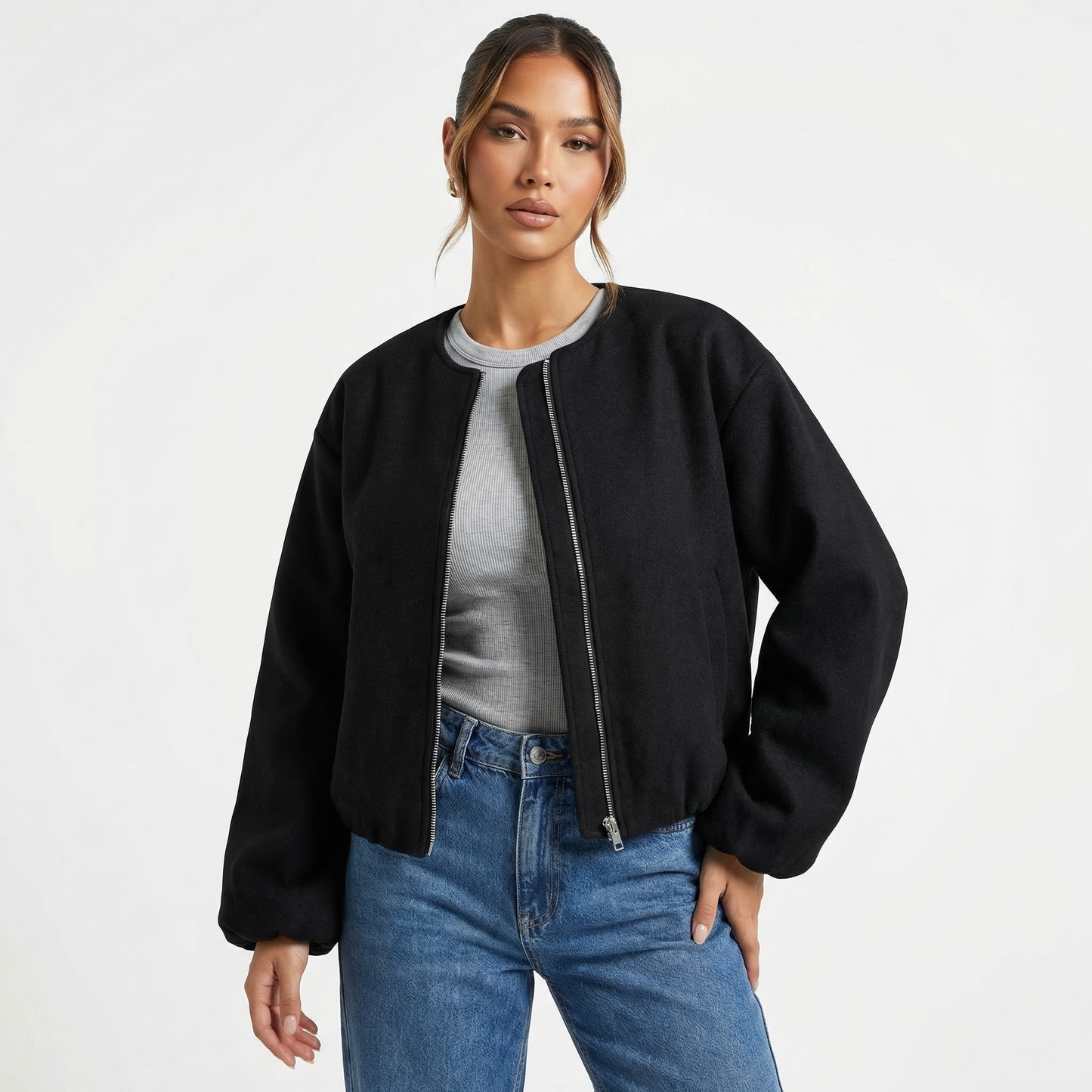 Women's Collarless Cropped Zip-Up Casual Bomber Jacket
