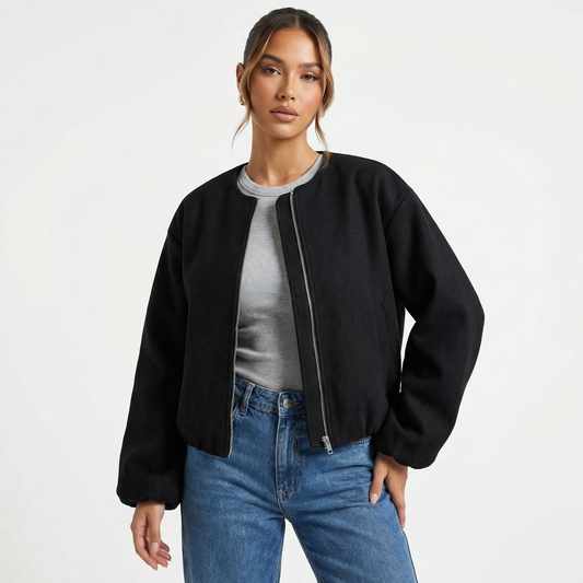 Women's Collarless Cropped Zip-Up Casual Bomber Jacket