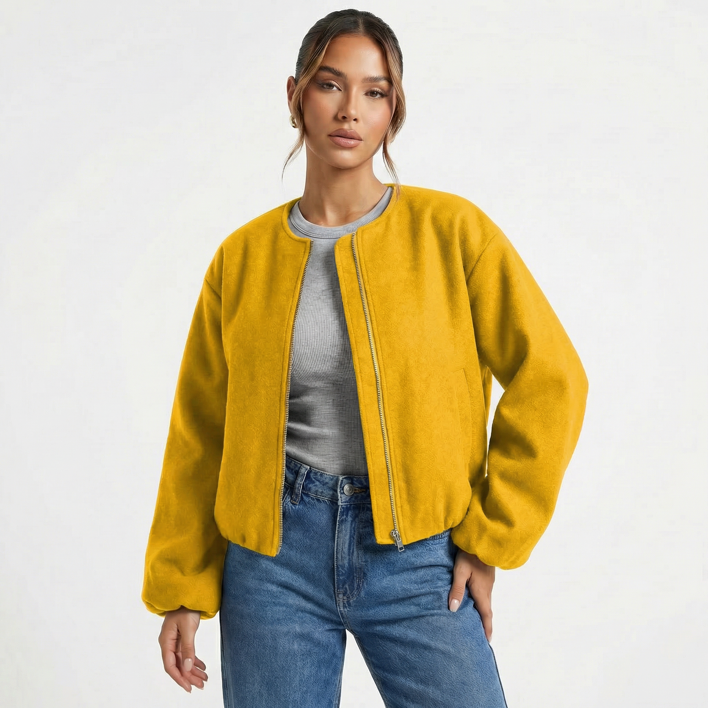 Women's Collarless Cropped Zip-Up Casual Bomber Jacket