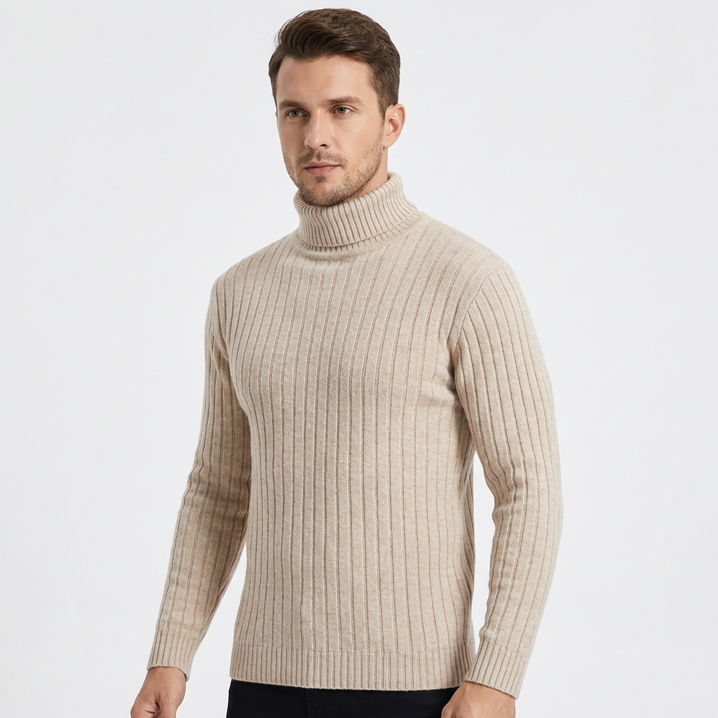Men's Slim Fit Ribbed Turtleneck Roll Neck Knit Jumper