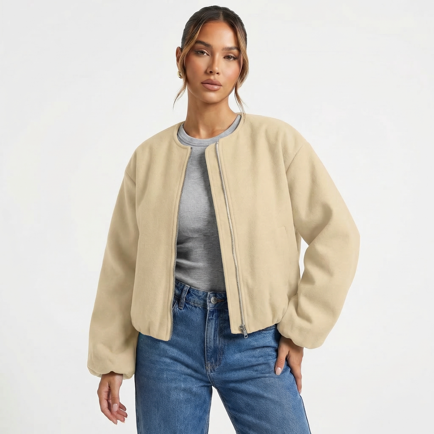 Women's Collarless Cropped Zip-Up Casual Bomber Jacket