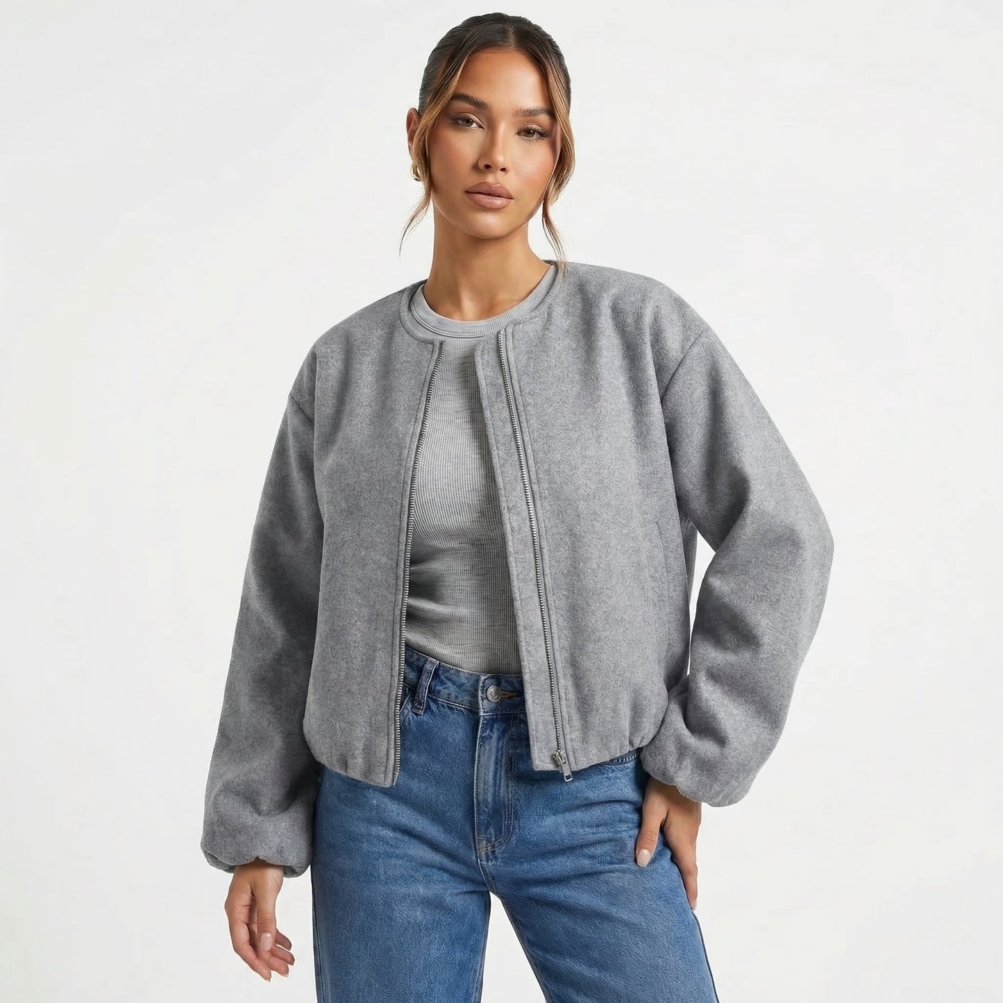Women's Collarless Cropped Zip-Up Casual Bomber Jacket