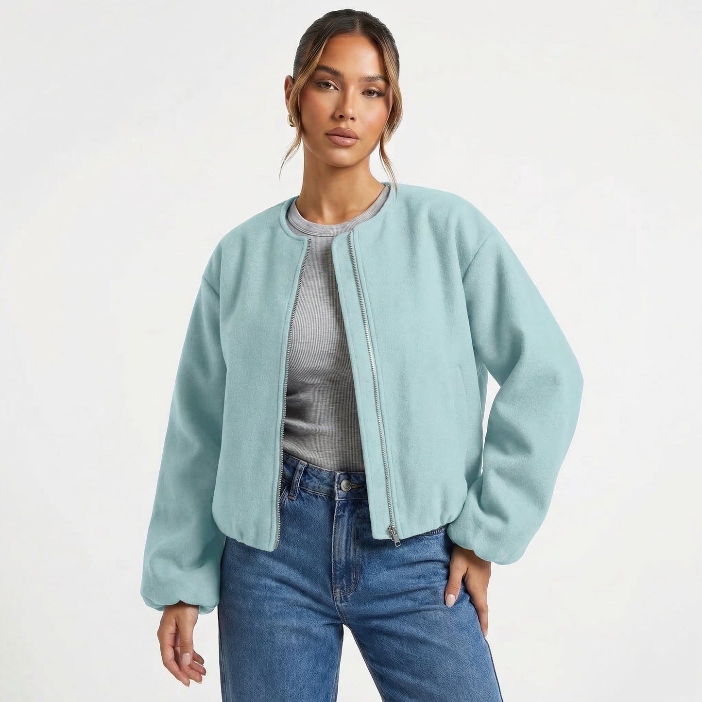 Women's Collarless Cropped Zip-Up Casual Bomber Jacket
