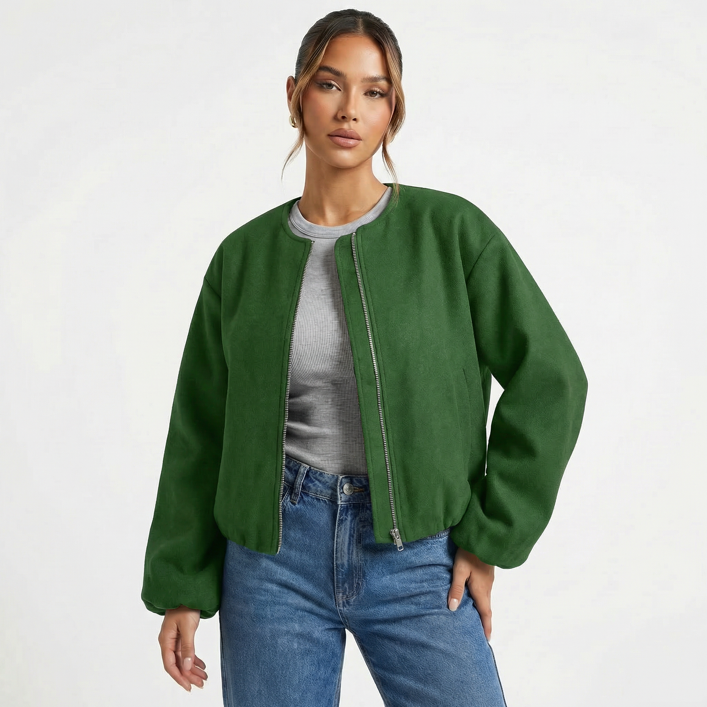 Women's Collarless Cropped Zip-Up Casual Bomber Jacket