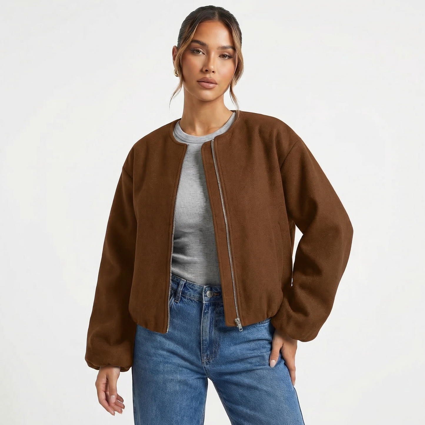 Women's Collarless Cropped Zip-Up Casual Bomber Jacket